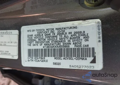 2003 Toyota Camry Le/Xle/Se from USA, damaged, VIN 4T1BE32KX3U655866